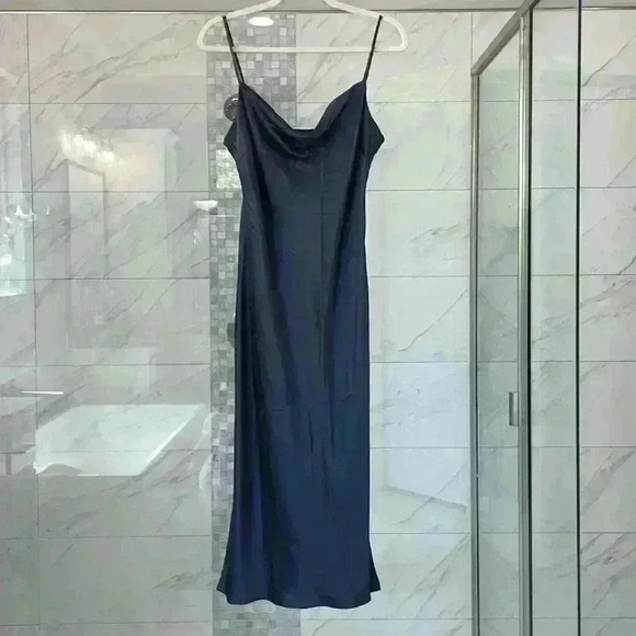 Express Charcoal Gray Satin Cowl Neck Front Side Slit Sleeveless Midi Slip Dress - Picture 2 of 12